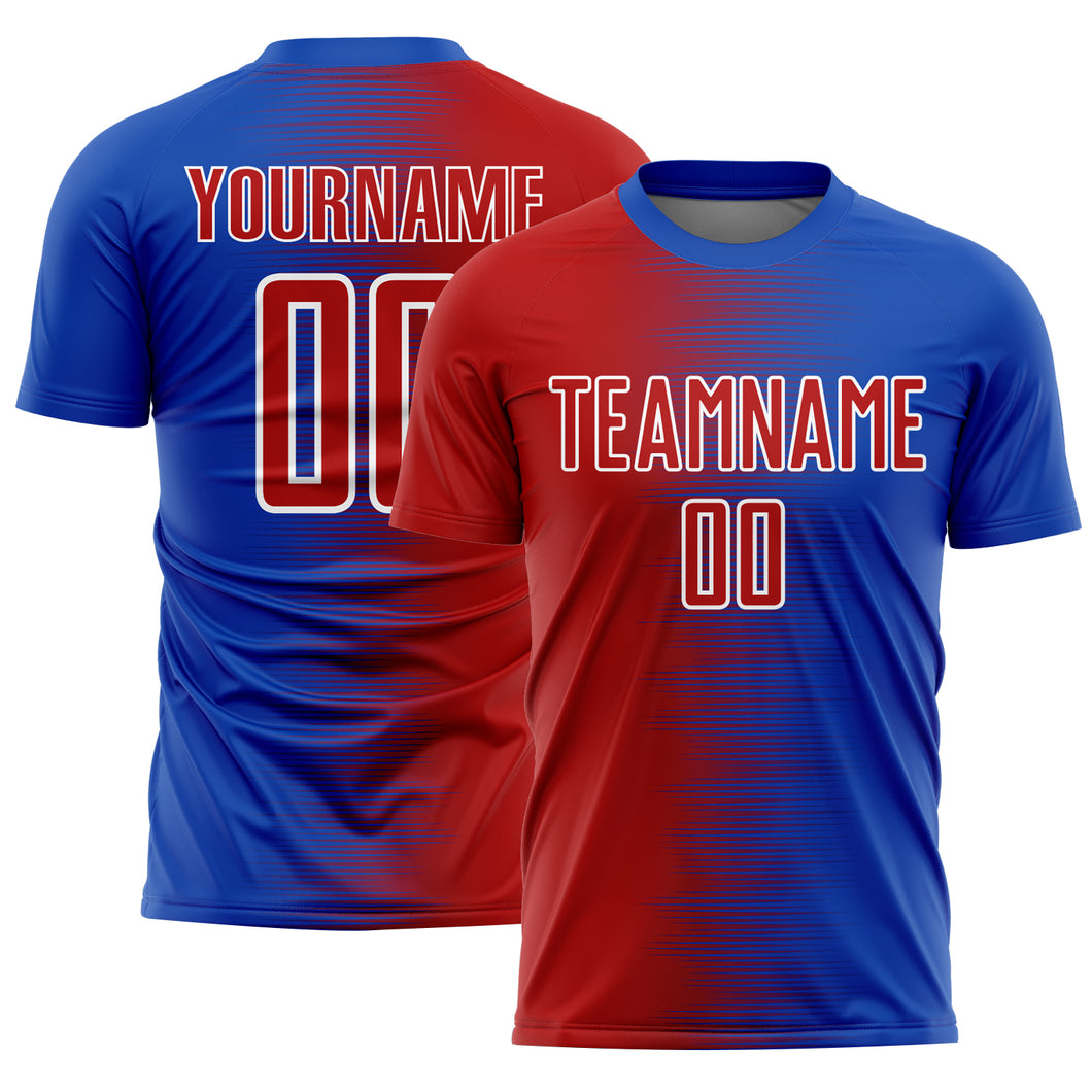 Custom Thunder Blue Red-White Gradient Line Sublimation Soccer Uniform Jersey
