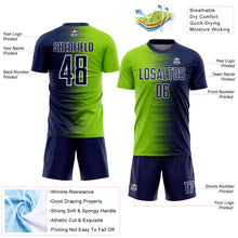 Load image into Gallery viewer, Custom Navy Neon Green-White Gradient Line Sublimation Soccer Uniform Jersey
