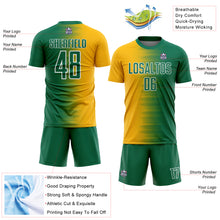 Load image into Gallery viewer, Custom Kelly Green Gold-White Gradient Line Sublimation Soccer Uniform Jersey
