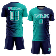 Load image into Gallery viewer, Custom Navy Aqua-White Gradient Line Sublimation Soccer Uniform Jersey
