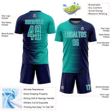 Load image into Gallery viewer, Custom Navy Aqua-White Gradient Line Sublimation Soccer Uniform Jersey
