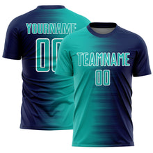 Load image into Gallery viewer, Custom Navy Aqua-White Gradient Line Sublimation Soccer Uniform Jersey
