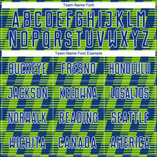 Load image into Gallery viewer, Custom Royal Neon Green-White Line Sublimation Soccer Uniform Jersey
