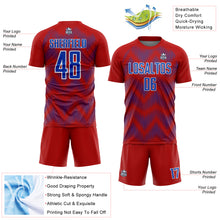 Load image into Gallery viewer, Custom Red Thunder Blue-White Line Sublimation Soccer Uniform Jersey
