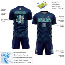 Load image into Gallery viewer, Custom Navy Teal-White Line Sublimation Soccer Uniform Jersey
