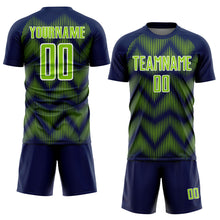 Load image into Gallery viewer, Custom Navy Neon Green-White Line Sublimation Soccer Uniform Jersey

