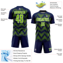 Load image into Gallery viewer, Custom Navy Neon Green-White Line Sublimation Soccer Uniform Jersey
