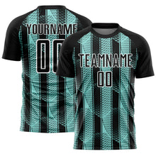 Load image into Gallery viewer, Custom Black Ice Blue-White Abstract Network Sublimation Soccer Uniform Jersey
