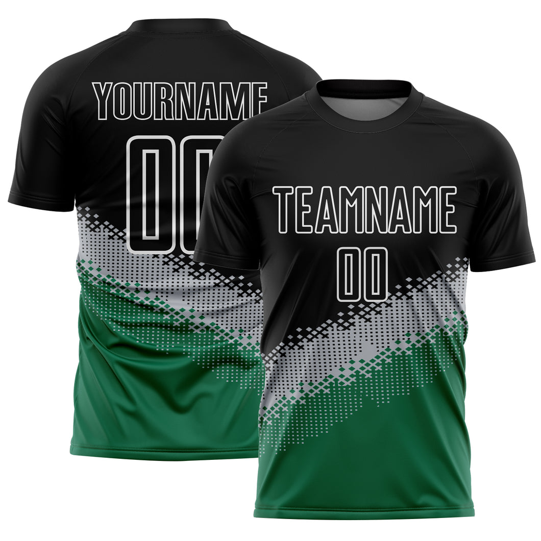 Custom Black Gray-Kelly Green Gradient Geometric Shape Sublimation Soccer Uniform Jersey