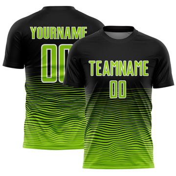 Custom Black Neon Green-White Gradient Line Sublimation Soccer Uniform Jersey