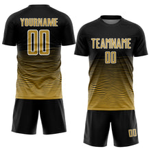 Load image into Gallery viewer, Custom Black Old Gold-White Gradient Line Sublimation Soccer Uniform Jersey
