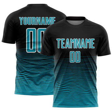Custom Black Teal-White Gradient Line Sublimation Soccer Uniform Jersey