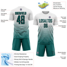 Load image into Gallery viewer, Custom White Teal-Black Gradient Line Sublimation Soccer Uniform Jersey
