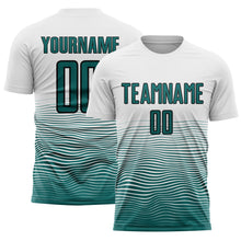 Load image into Gallery viewer, Custom White Teal-Black Gradient Line Sublimation Soccer Uniform Jersey
