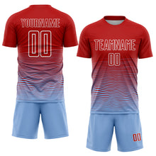 Load image into Gallery viewer, Custom Red Light Blue-White Gradient Line Sublimation Soccer Uniform Jersey
