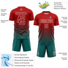Load image into Gallery viewer, Custom Red Teal-White Gradient Line Sublimation Soccer Uniform Jersey
