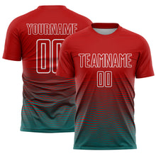 Load image into Gallery viewer, Custom Red Teal-White Gradient Line Sublimation Soccer Uniform Jersey
