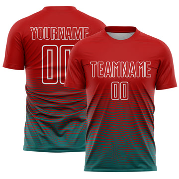 Custom Red Teal-White Gradient Line Sublimation Soccer Uniform Jersey