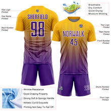Load image into Gallery viewer, Custom Gold Purple-White Gradient Line Sublimation Soccer Uniform Jersey
