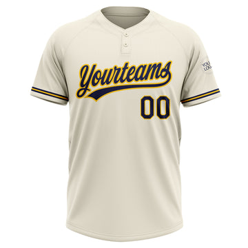 Custom Cream Navy-Yellow Two-Button Unisex Softball Jersey