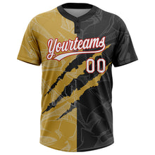 Load image into Gallery viewer, Custom Graffiti Pattern Black Old Gold-Red 3D Two-Button Unisex Softball Jersey
