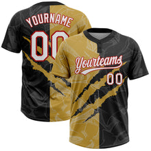 Load image into Gallery viewer, Custom Graffiti Pattern Black Old Gold-Red 3D Two-Button Unisex Softball Jersey
