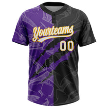 Load image into Gallery viewer, Custom Graffiti Pattern Black Purple-Gold 3D Two-Button Unisex Softball Jersey
