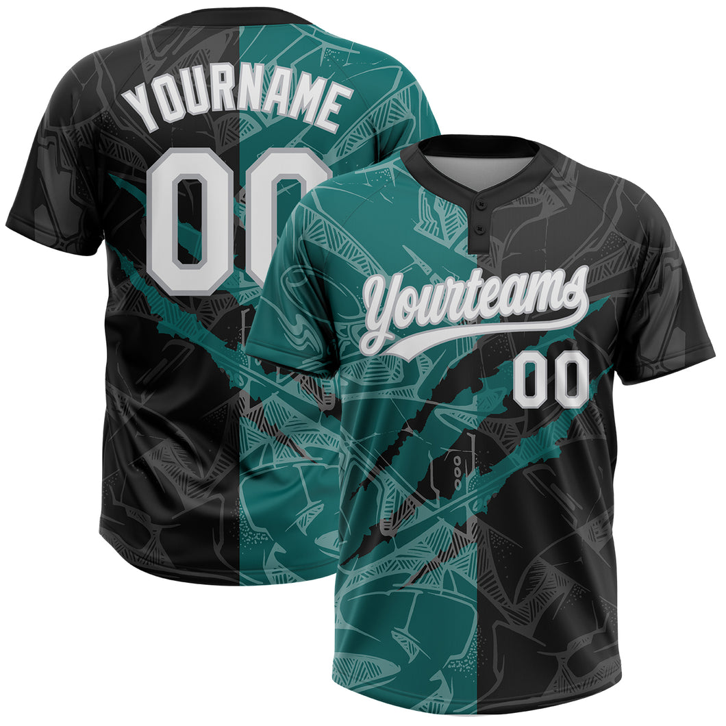 Custom Graffiti Pattern Black Teal-Gray 3D Two-Button Unisex Softball Jersey