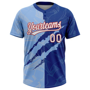 Custom Graffiti Pattern Light Blue Royal-Red 3D Two-Button Unisex Softball Jersey