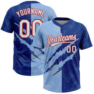 Custom Graffiti Pattern Light Blue Royal-Red 3D Two-Button Unisex Softball Jersey