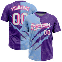Load image into Gallery viewer, Custom Graffiti Pattern Purple Light Blue-Pink 3D Two-Button Unisex Softball Jersey
