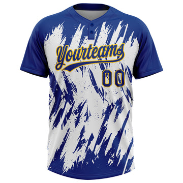 Custom Royal Yellow-White 3D Pattern Abstract Sharp Shape Two-Button Unisex Softball Jersey