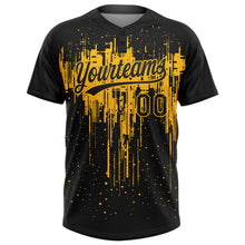 Load image into Gallery viewer, Custom Black Gold 3D Pattern Dripping Splatter Art Two-Button Unisex Softball Jersey
