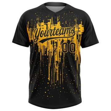 Custom Black Gold 3D Pattern Dripping Splatter Art Two-Button Unisex Softball Jersey