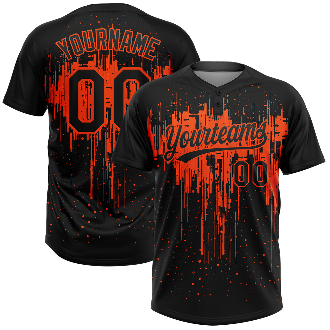 Custom Black Orange 3D Pattern Dripping Splatter Art Two-Button Unisex Softball Jersey