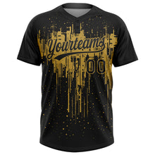 Load image into Gallery viewer, Custom Black Old Gold 3D Pattern Dripping Splatter Art Two-Button Unisex Softball Jersey
