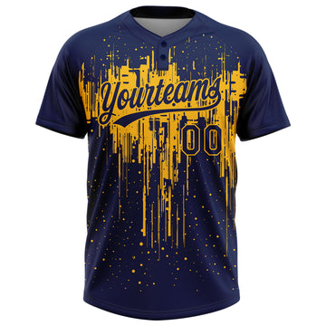 Custom Navy Gold 3D Pattern Dripping Splatter Art Two-Button Unisex Softball Jersey