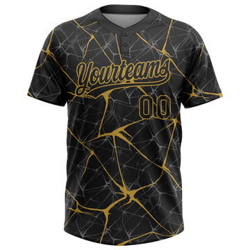 Custom Black Old Gold 3D Pattern Abstract Network Two-Button Unisex Softball Jersey