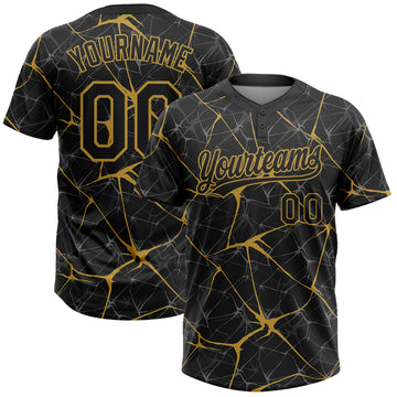 Custom Black Old Gold 3D Pattern Abstract Network Two-Button Unisex Softball Jersey