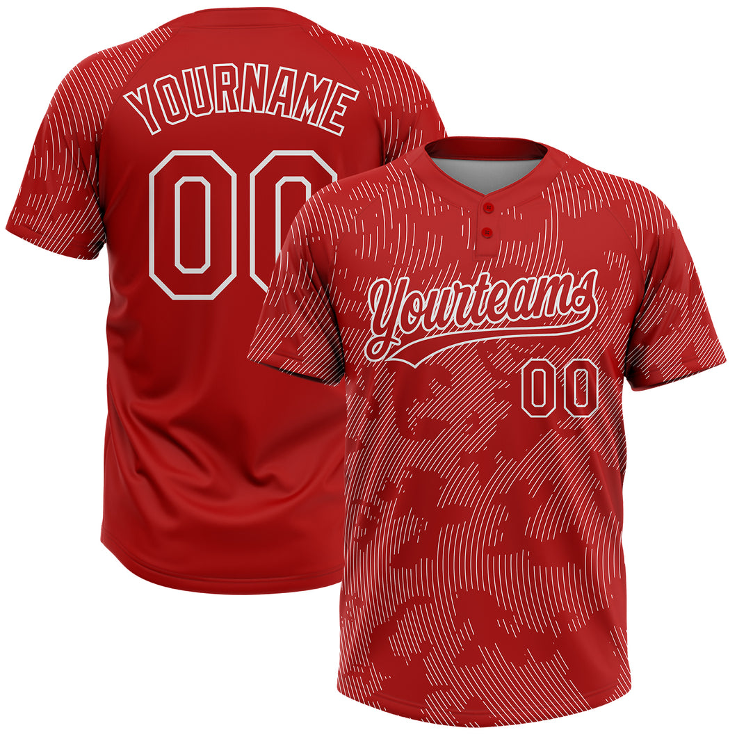 Custom Red White 3D Pattern Curve Lines Two-Button Unisex Softball Jersey