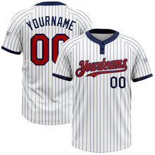 Load image into Gallery viewer, Custom White Navy Pinstripe Red Two-Button Unisex Softball Jersey
