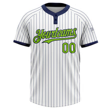 Load image into Gallery viewer, Custom White Navy Pinstripe Neon Green Two-Button Unisex Softball Jersey
