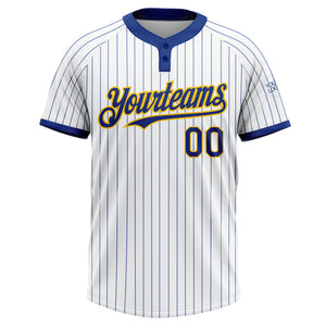 Custom White Royal Pinstripe Yellow Two-Button Unisex Softball Jersey