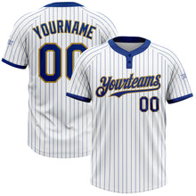 Load image into Gallery viewer, Custom White Royal Pinstripe Old Gold Two-Button Unisex Softball Jersey
