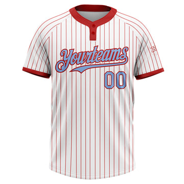 Custom White Red Pinstripe Light Blue Two-Button Unisex Softball Jersey