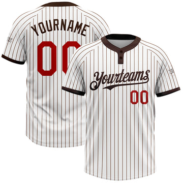 Custom White Brown Pinstripe Red Two-Button Unisex Softball Jersey