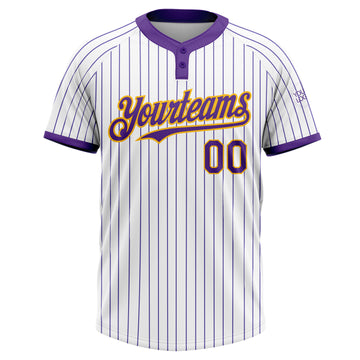 Custom White Purple Pinstripe Gold Two-Button Unisex Softball Jersey