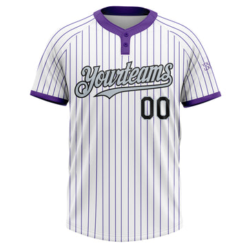 Custom White Purple Pinstripe Black-Silver Two-Button Unisex Softball Jersey