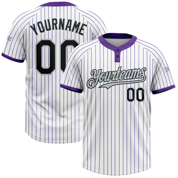 Custom White Purple Pinstripe Black-Silver Two-Button Unisex Softball Jersey