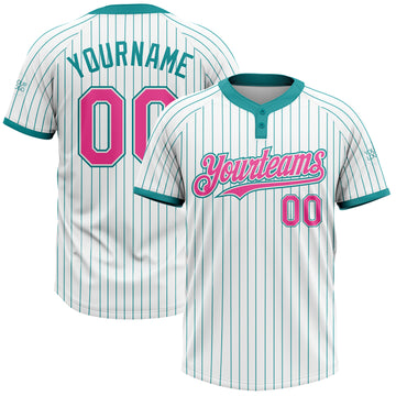 Custom White Teal Pinstripe Pink Two-Button Unisex Softball Jersey